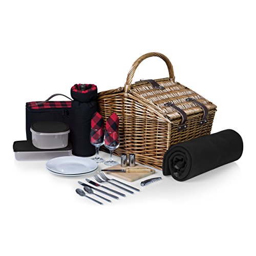 Picnic Time Somerset English-Style Double Lid Willow Picnic Basket with Service for 2 , Red/Black Buffalo Plaid