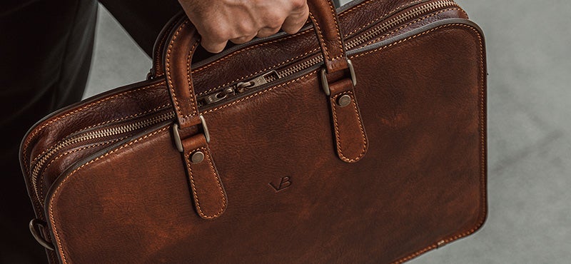 close up of full grain leather briefcase