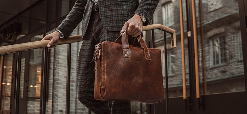 essential full grain leather laptop bag in brown