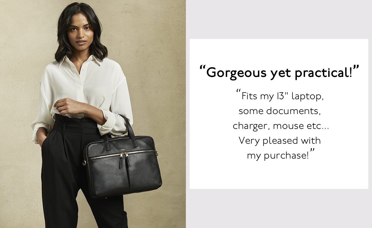 KNOMO London Hanover Leather Black 14" Women's Laptop Briefcase Female Model Wearing Bag On Her Arm