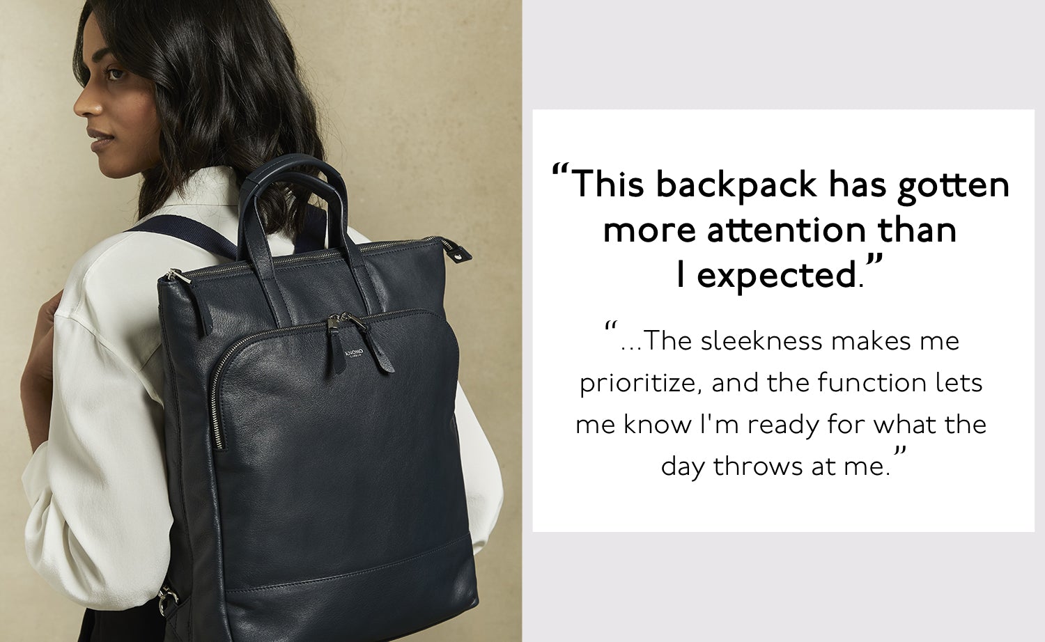 KNOMO London Harewood Leather Dark Navy Blazer 15" Women's Laptop Tote Backpack Female Model Wearing Backpack