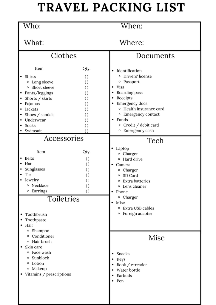 Travel packing list template