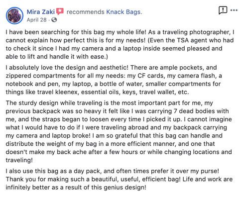 Facebook review of the Knack Pack as a carryon bag for photographers