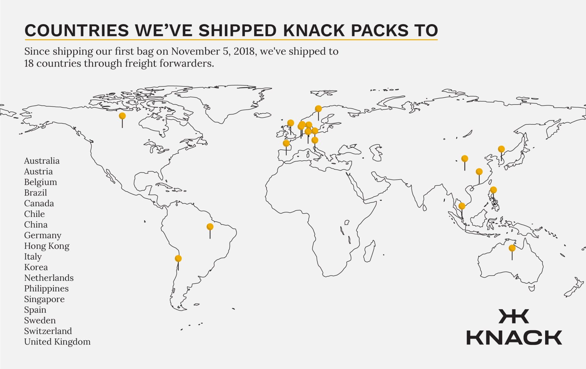 Destination countries for Knack Pack international shipping