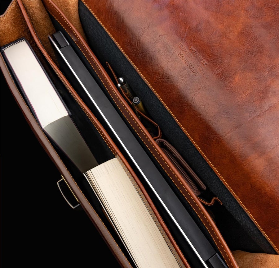 main compartment of leather briefcase