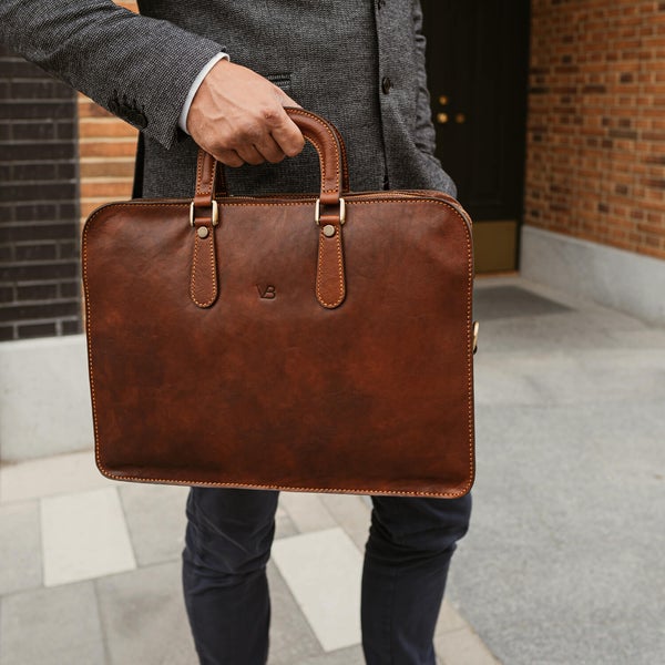 elegant slim leather laptop bag in brown