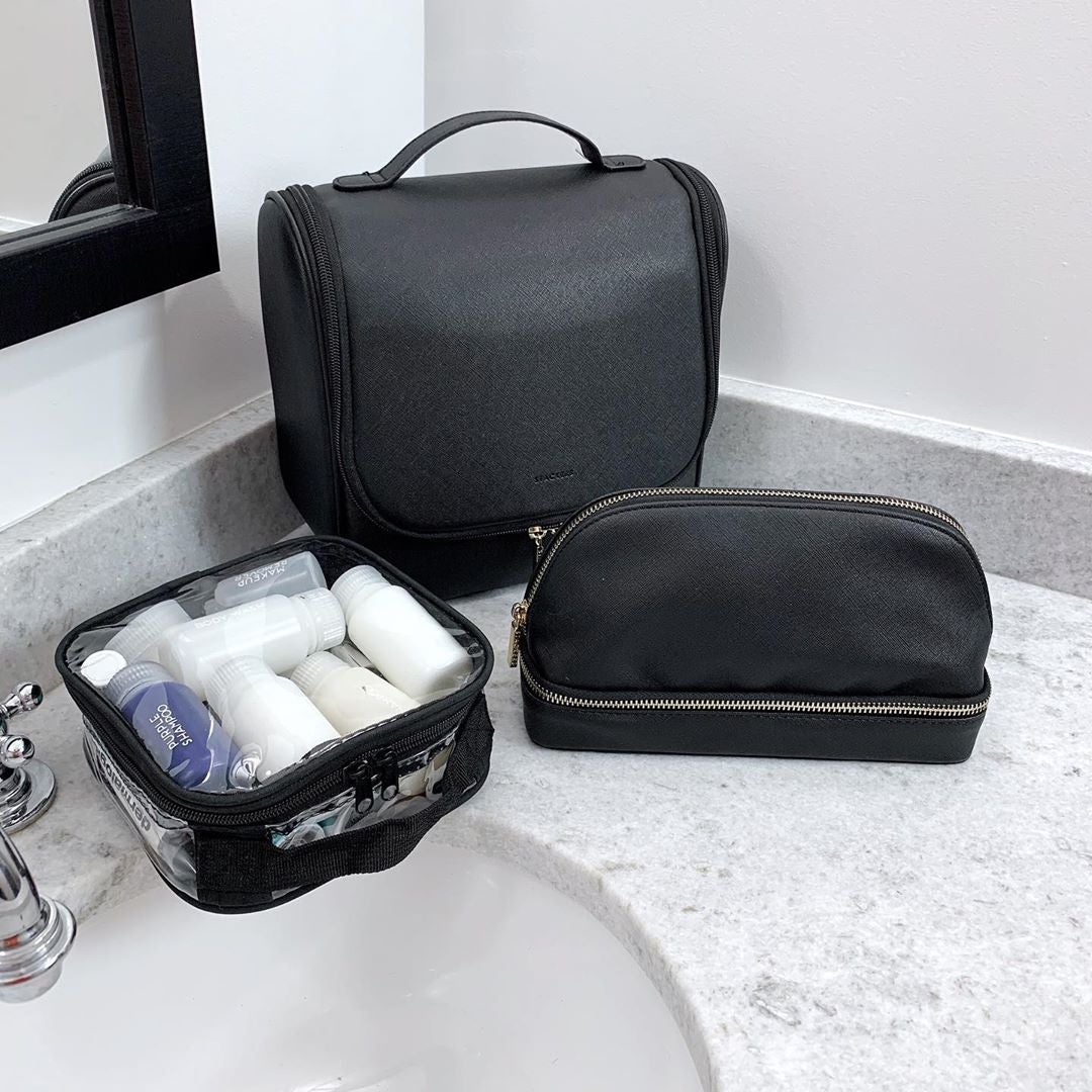 Different travel toiletry bags
