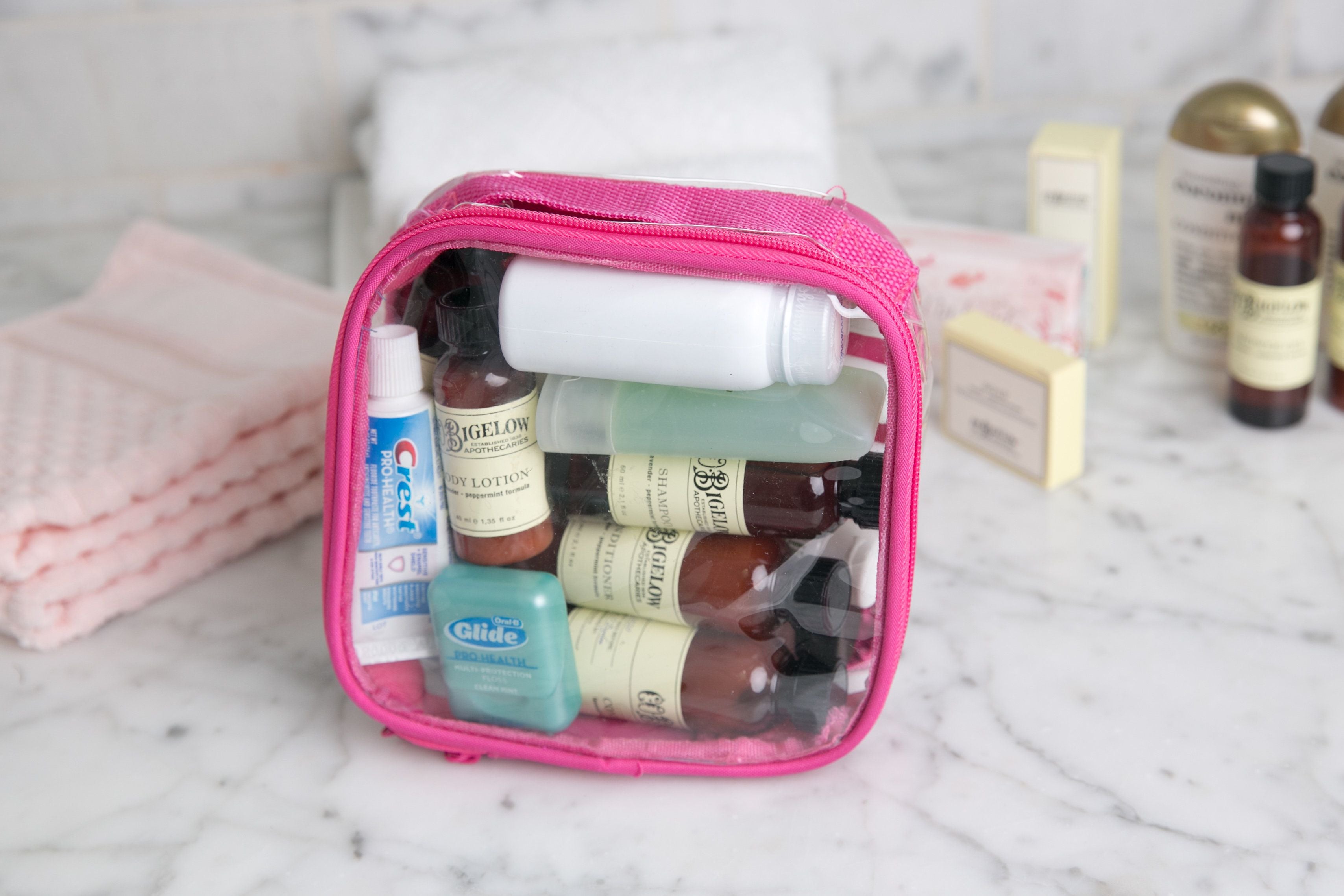 Travel size bottles inside quart-size liquids bag