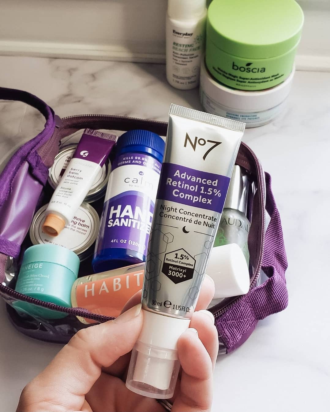 Makeup essentials packed in a quart size bag