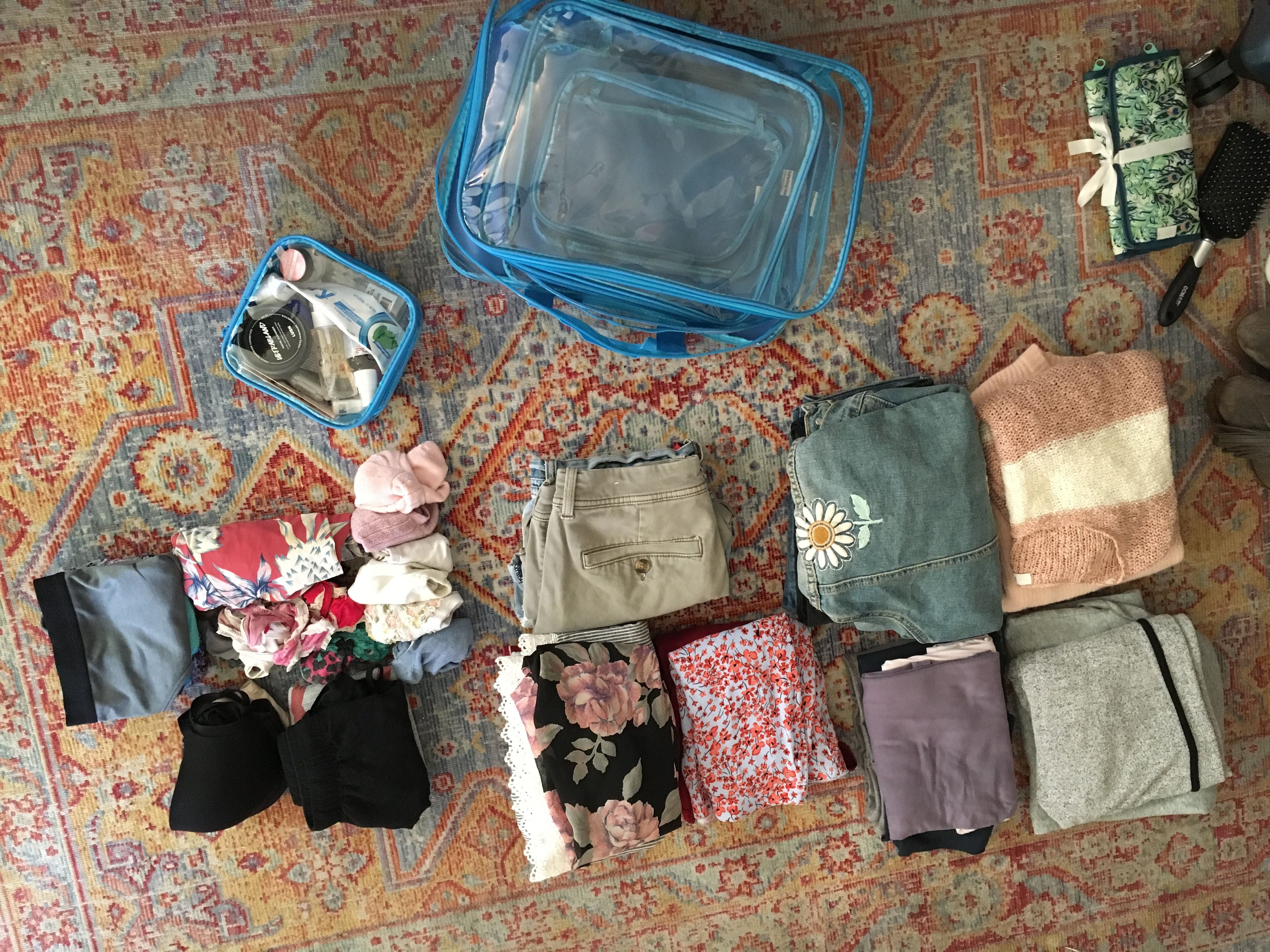 Folded clothes and clear packing cubes on the floor