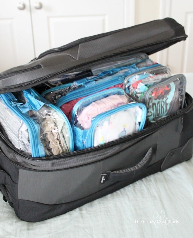 organized suitcase with clear packing cubes
