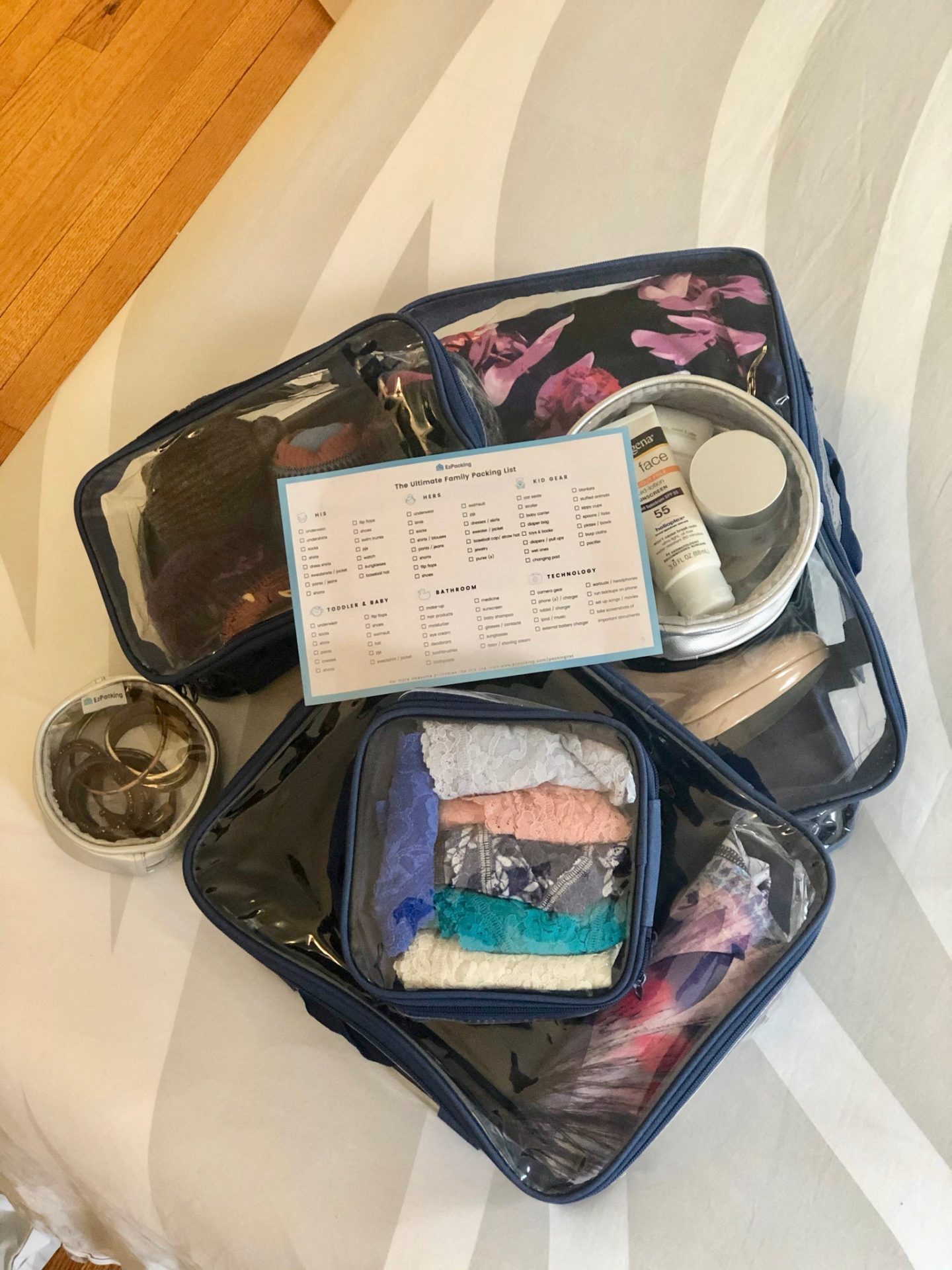 Clear packing cubes and a packing list