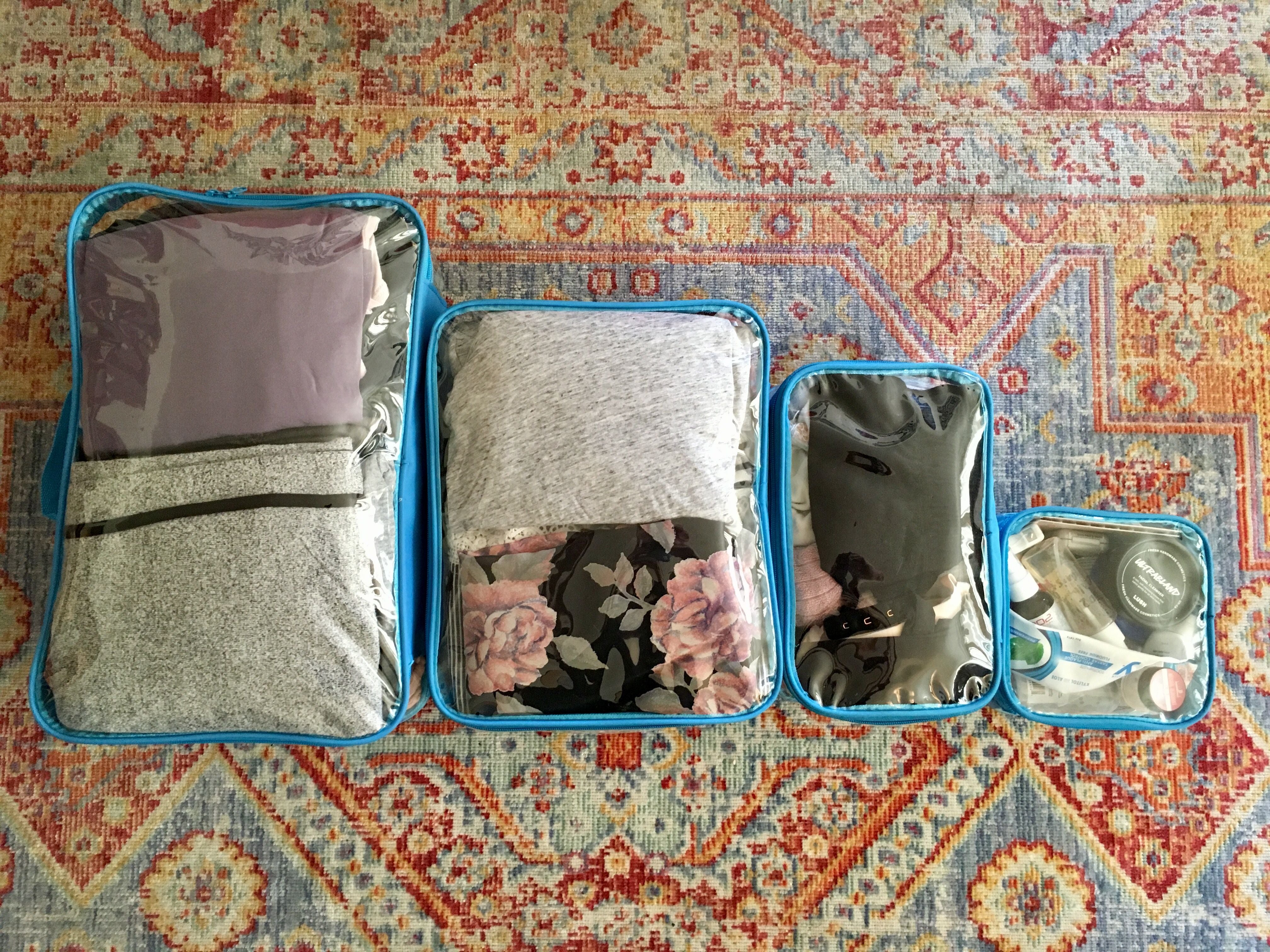 Travel items organized using packing cubes