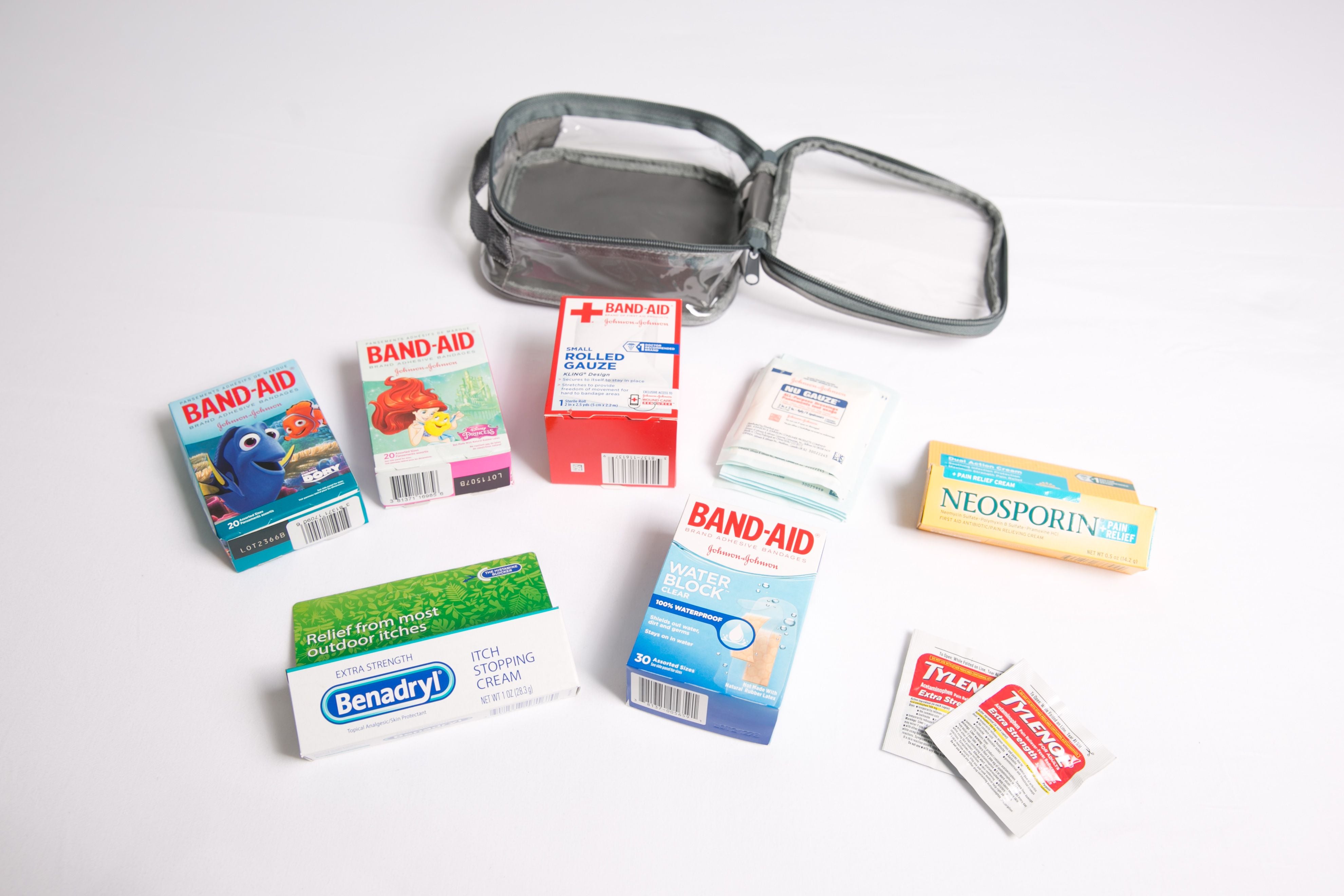 First aid essentials and extra small gray packing cube