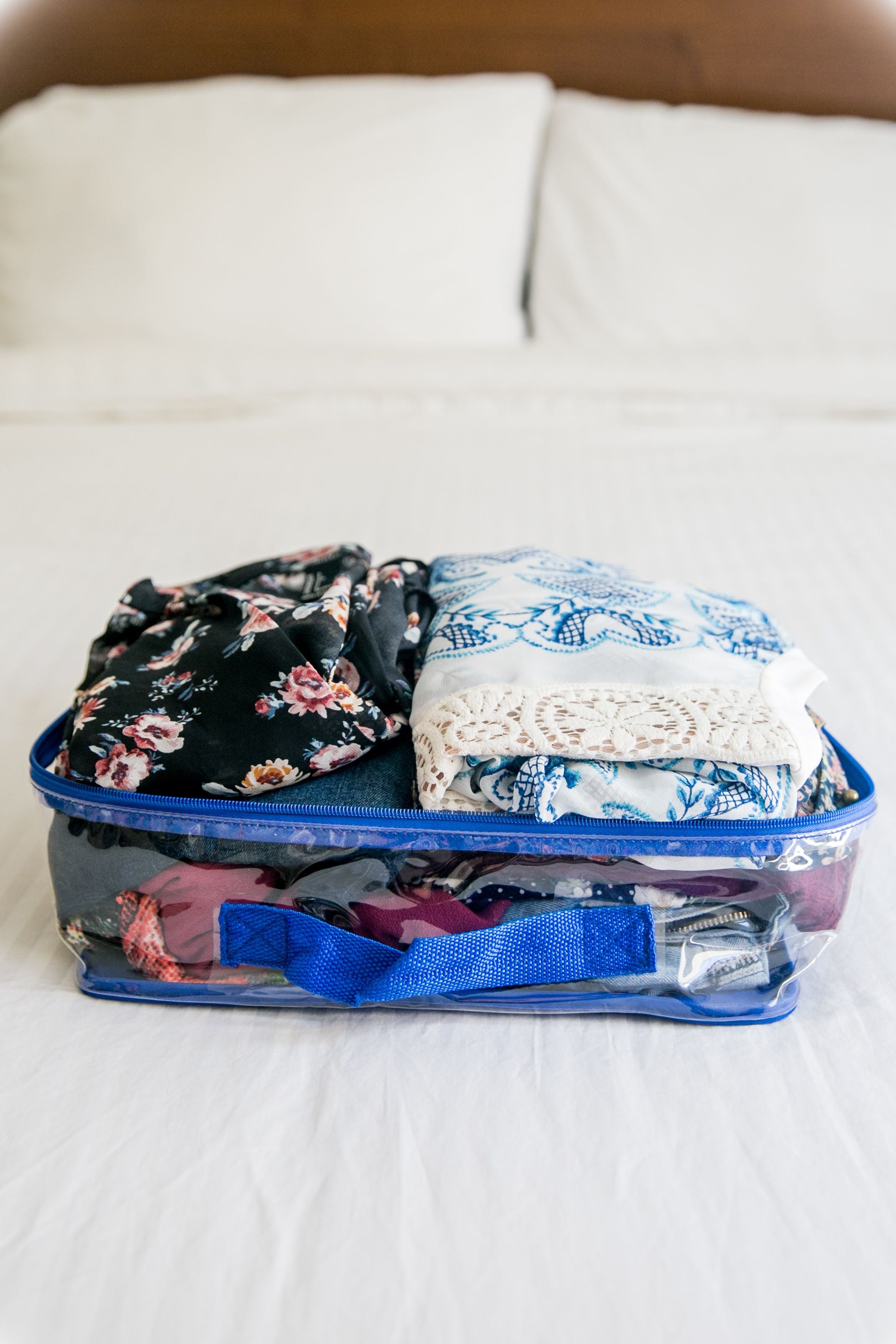 Overnight trip outfits packed in royal blue cube
