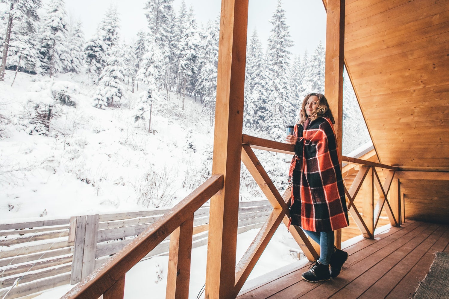 Mom wearing regular winter clothes in ski resort