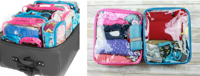 Kids share one black suitcase and use Junyuan travel cubes to sort their things