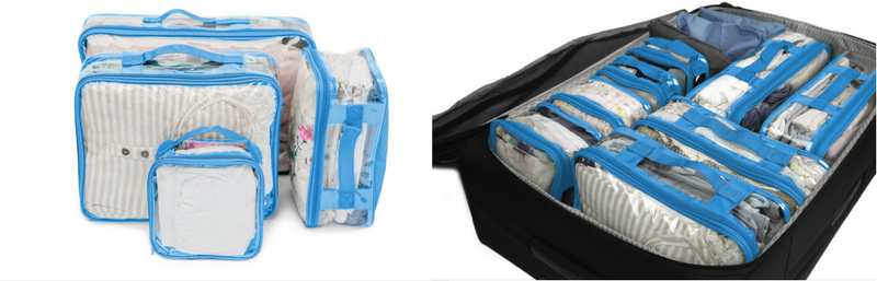 Use turquoise clear packing cubes to sort and organize clothes and other travel essentials in your suitcase