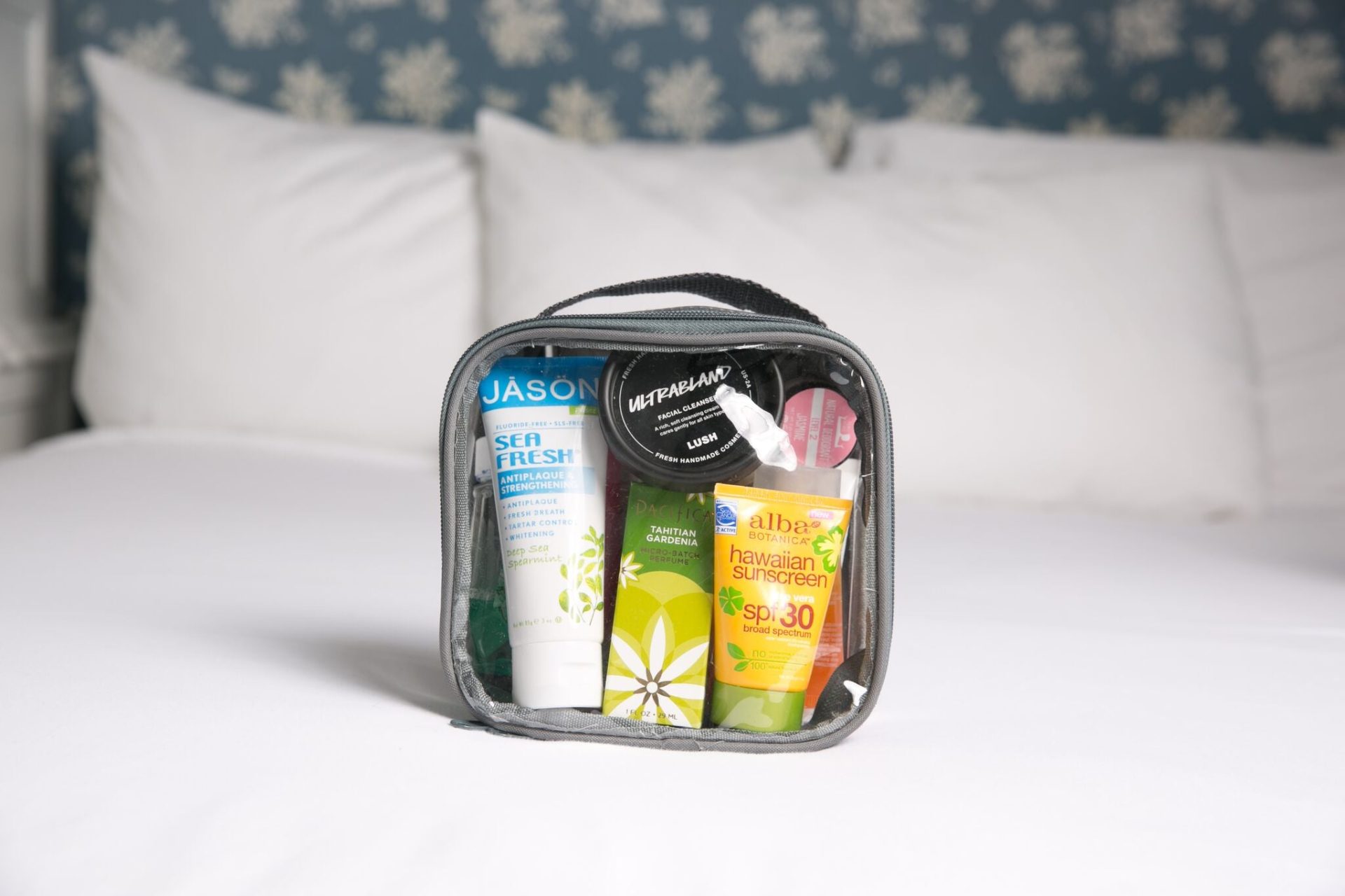 Carry on bag toiletries inside gray packing cube