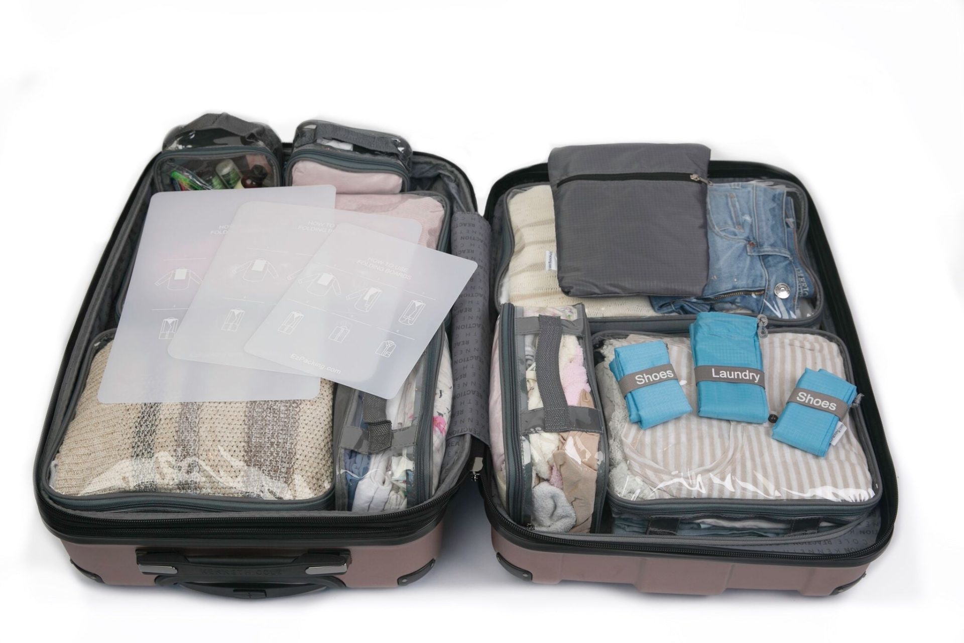 Different types of travel luggage organizers inside suitcase