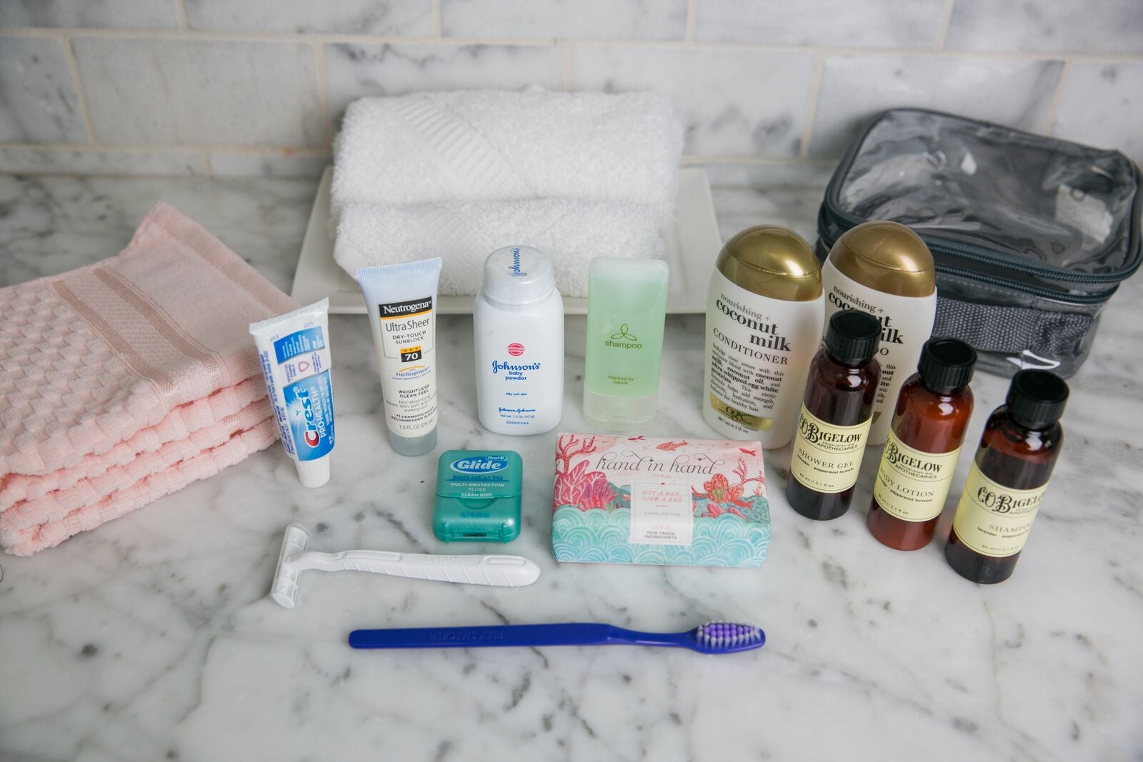 Toiletries with packing cube for one-month vacation