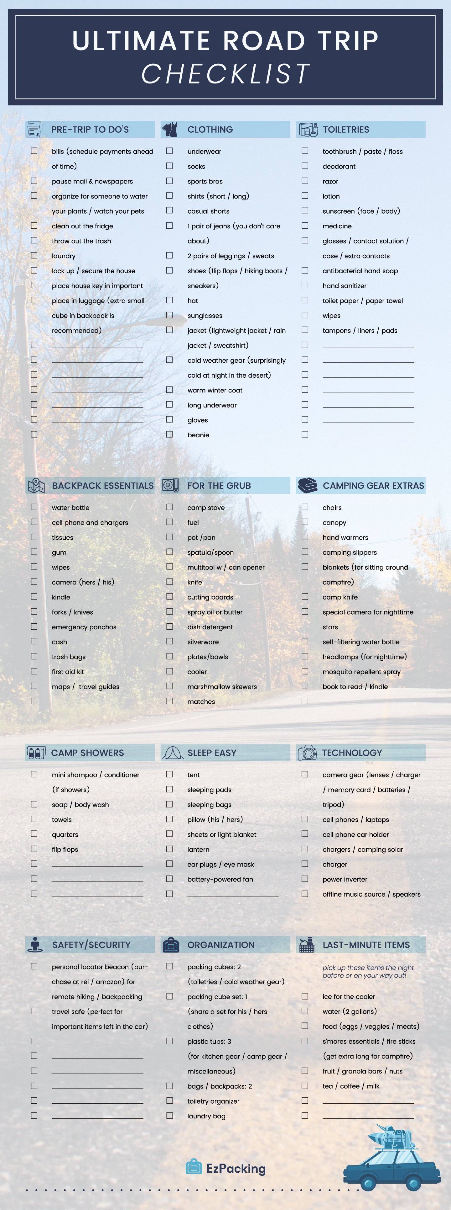 Road trip and camping packing list