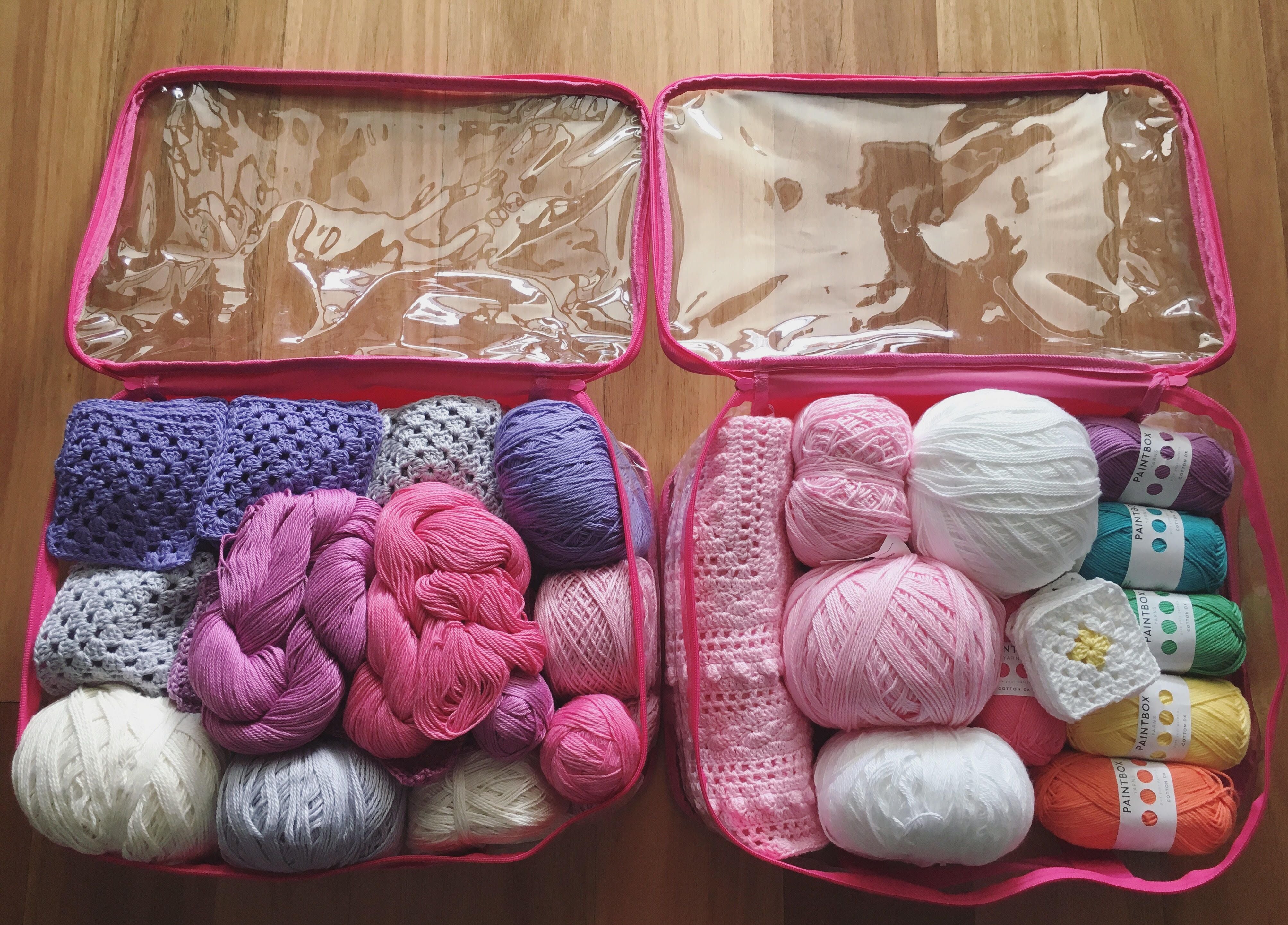 yarn and crochet items in pink medium cubes