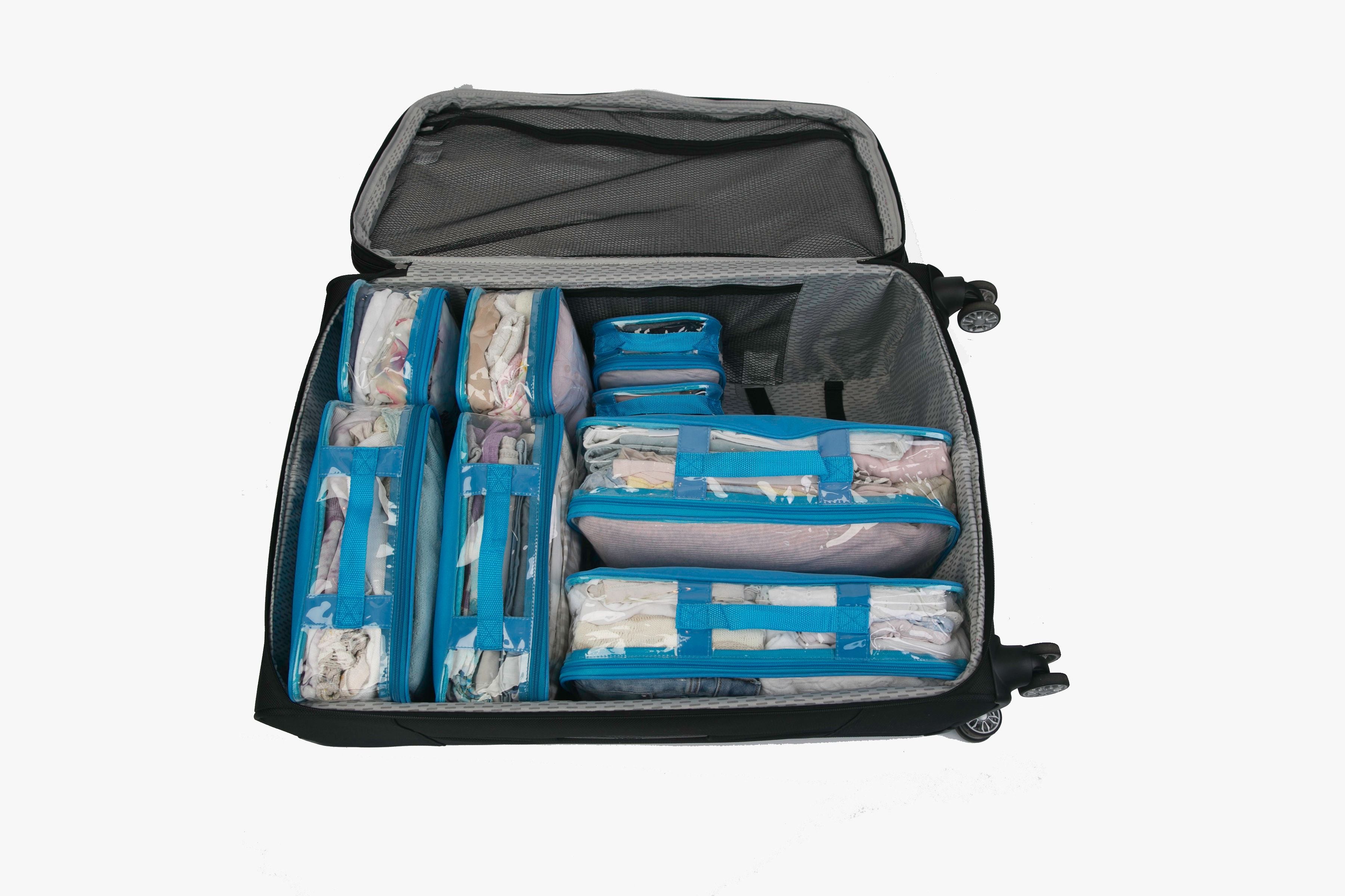 Suitcase with extra space organized with packing cubes