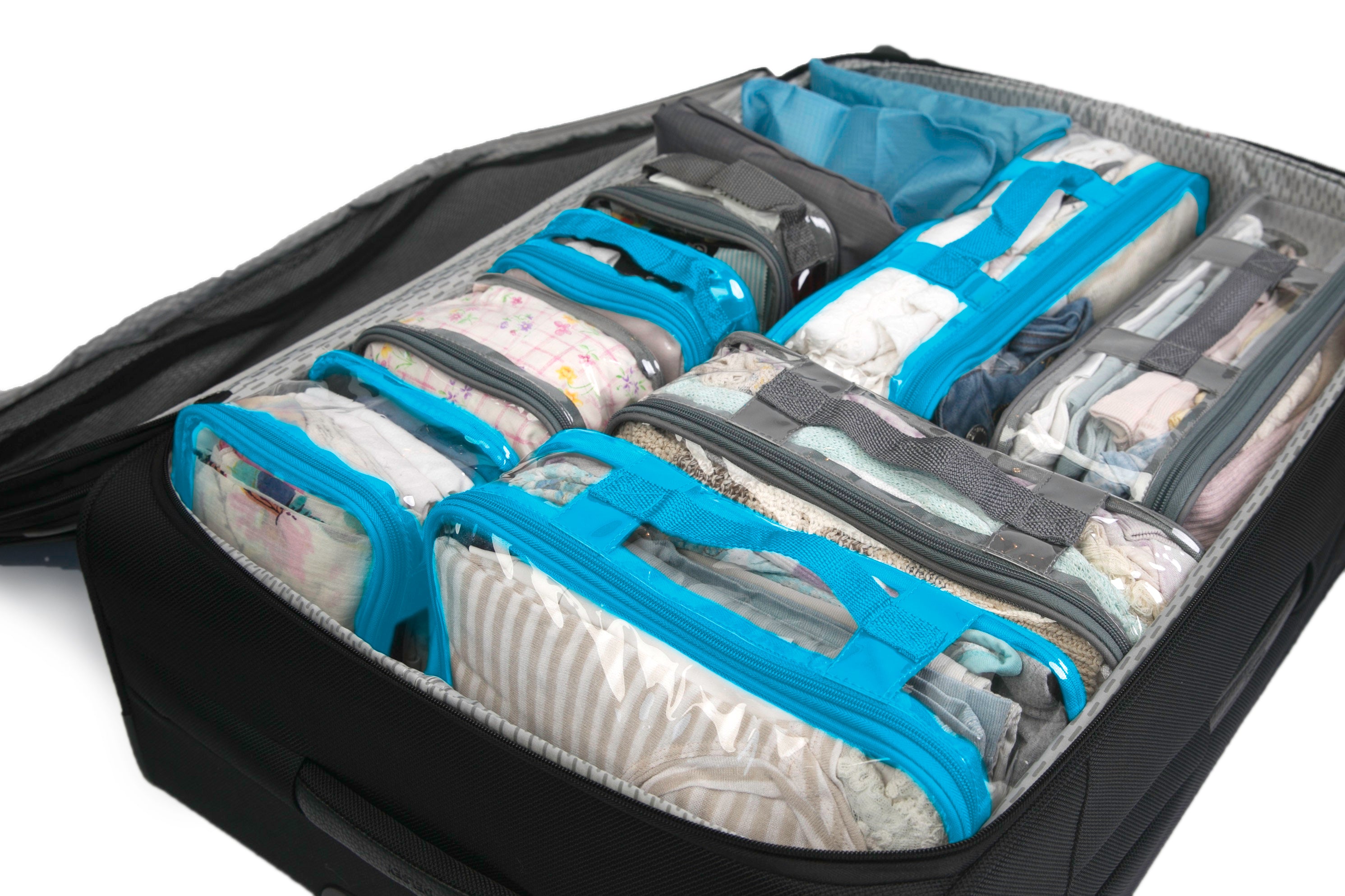 Grey and blue Packing cubes inside an organized suitcase