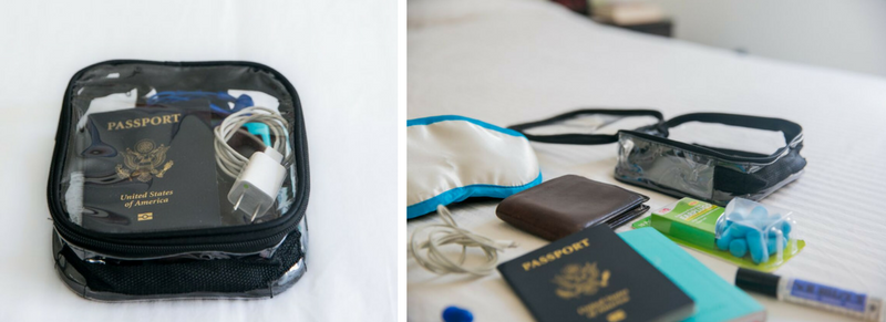 Carry-on essentials for long flight including passport, identification card and eye mask inside small packing cube