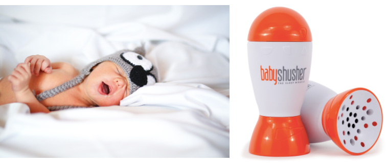 Baby sleeping with mouth open and a baby shusher device