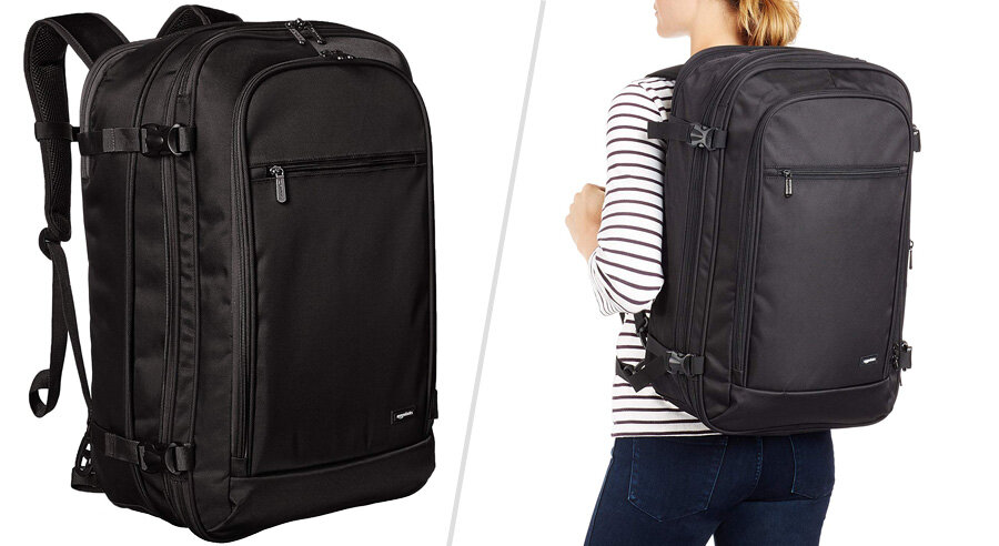 AmazonBasics Carry On Travel backpack that opens like a suitcase