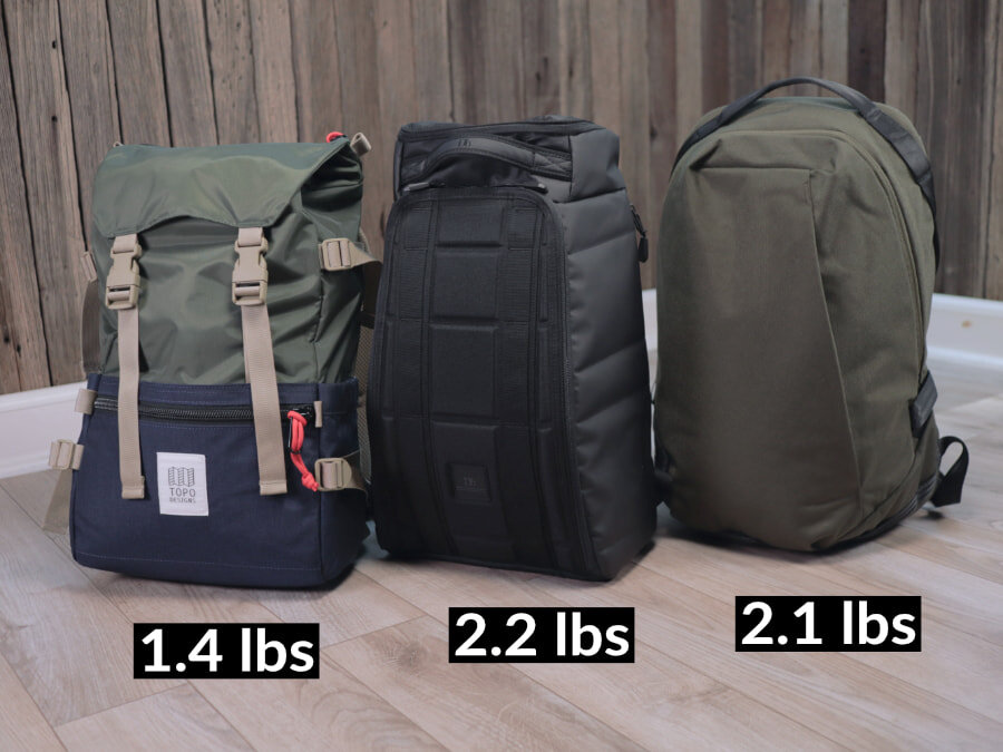 How much does a 20 liter backpack weigh? This photo shows real 20 liter backpack weight examples: 1.4 lbs, 2.2 lbs and 2.1 lbs