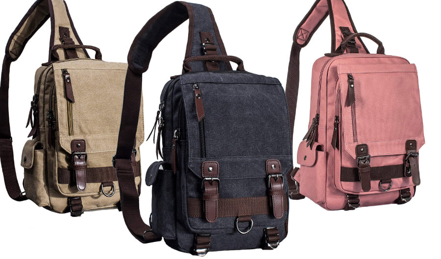 Leaper one strap backpack for school in khaki, navy and pink