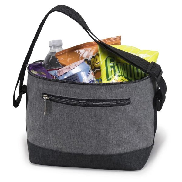 grey lunch bag with chips and water