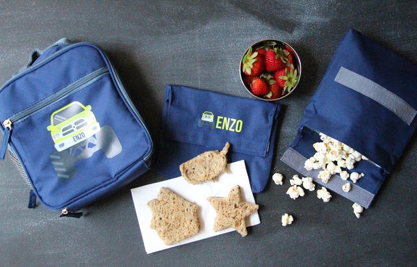 personalized cooler bag with strawberries, bread, popcorn