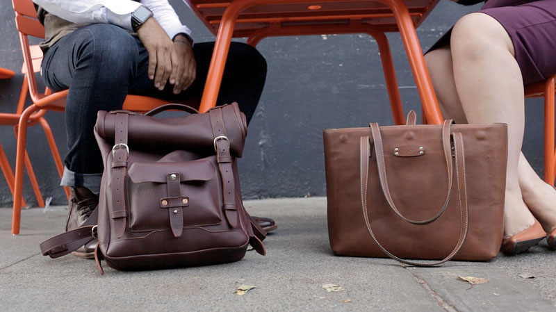 leather roll top backpack and leather tote bag