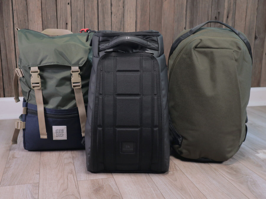 20L backpacks: Topo Designs Rover Pack (left), Db Strøm (center) and the Able Carry Daily Backpack (right)
