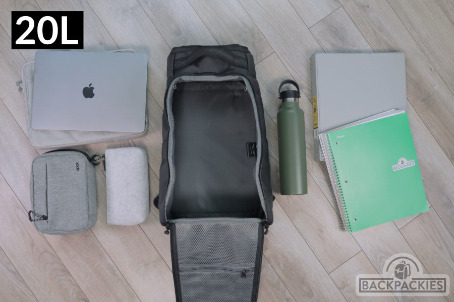 How much can a 20 liter backpack hold for school or work? Real example with Db Strom backpack
