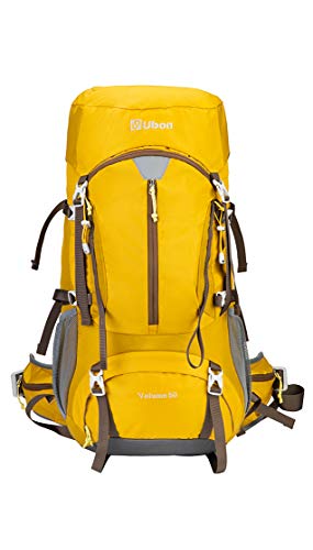 Ubon Light Hiking Backpack 50L Camping Backpack Internal Frame for with Rain Cover Yellow