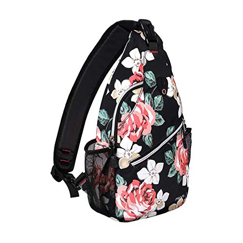 MOSISO Sling Backpack,Travel Hiking Daypack Rose Rope Crossbody Shoulder Bag, Black