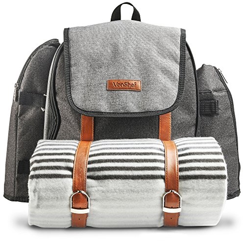 VonShef Picnic Backpack for 4 Person Outdoor Bag with Blanket – Woven Grey Waterproof Finish,...