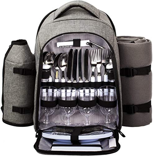 Hap Tim - Waterproof Picnic Backpack for 4 Person with Cutlery Set, Cooler Compartment, Detachable...