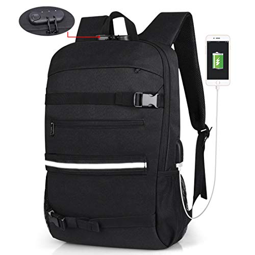 Skateboard Backpack Anti Theft Laptop Backpack with USB Charging Port Fits 15.6 Inch MacBook Black