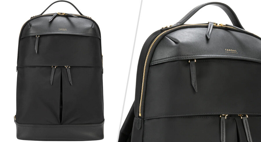 Targus Newport backpack - black backpack with gold zipper and padded laptop sleeve