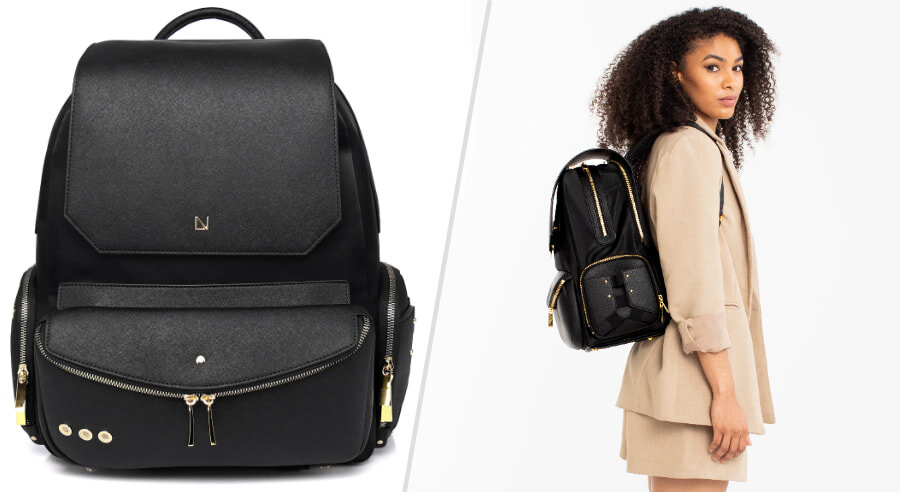Lux &amp; Nyx Zoe Backpack - luxury black leather backpack with gold zipper