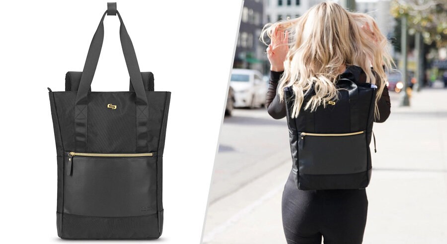 Solo Parker Hybrid Backpack  Tote - womens black backpack tote with gold zippers and logo