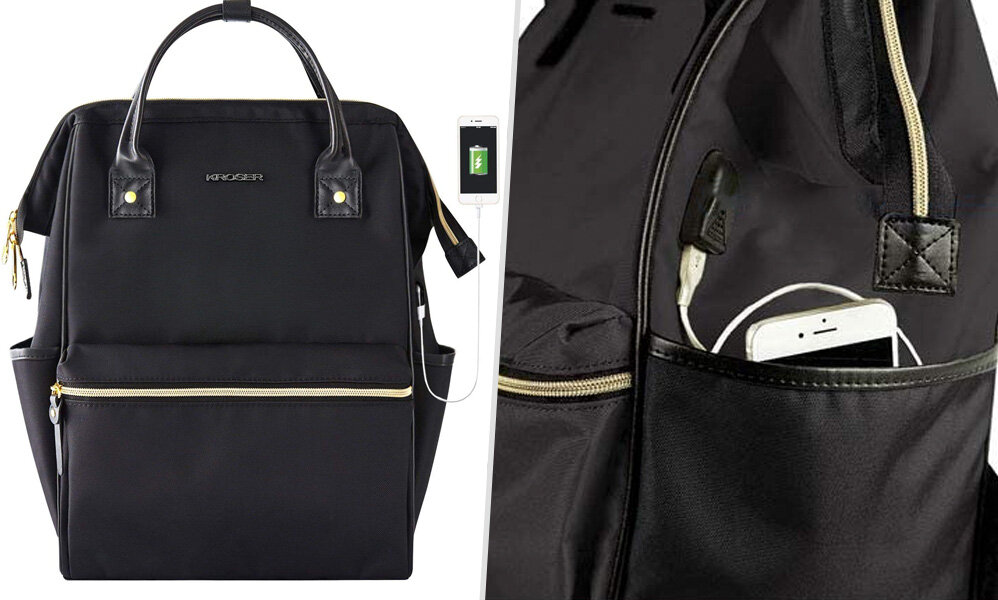 Kroser Laptop Backpack - black backpack with gold zippers and built in charger