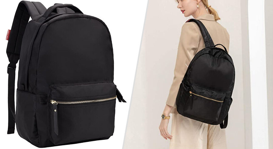 Hawlandar Casual Backpack - black nylon backpack with gold zipper