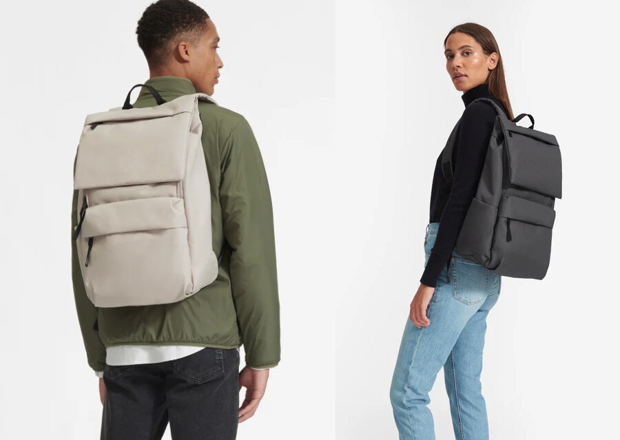 The Everlane ReNew Transit backpack in Warm Quartz (left) and Dark Gray (right)